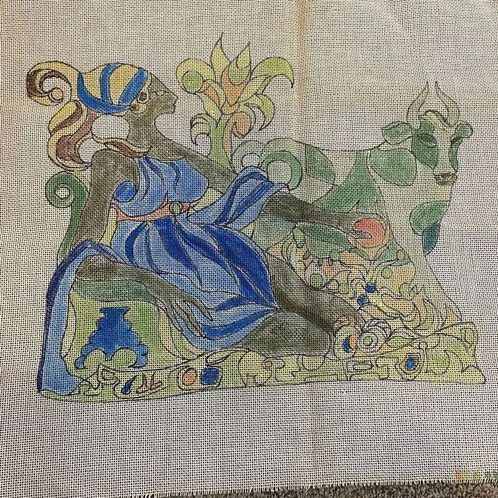 Abstract Reclining Woman and Cow Tapestry in Blue & Green